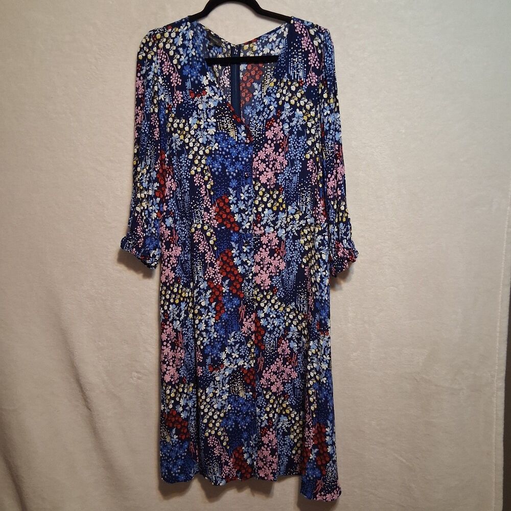Talbots 14 Dress Blue Multi Floral Pockets Patchwork Print Boho Cottagecore